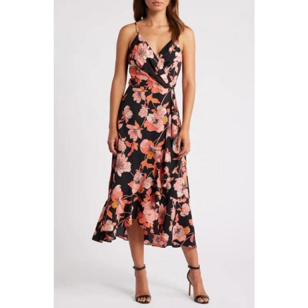 Chelsea28 - Faux Wrap Midi Dress In Black- Pink Floral - Medium